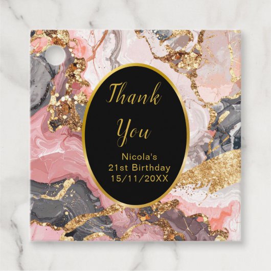 Pink, Gray and Gold Marble Agate Birthday Party Bedankjes Labels (Voorkant)