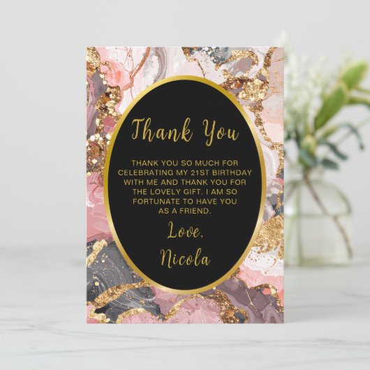 Pink, Gray and Gold Marble Agate Birthday Party Bedankkaart (Staand voorkant)