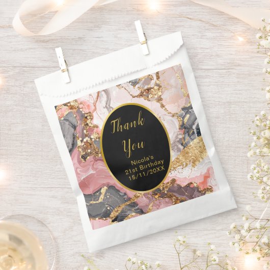 Pink, Gray and Gold Marble Agate Birthday Party Bedankzakje (Geknipt)