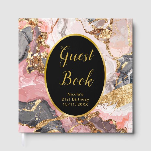 Pink, Gray and Gold Marble Agate Birthday Party Gastenboek (Voorkant)