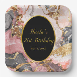 Pink, Gray and Gold Marble Agate Birthday Party Papieren Bordje