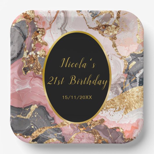 Pink, Gray and Gold Marble Agate Birthday Party Papieren Bordje (Voorkant)