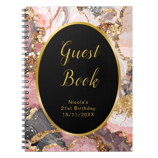 Pink, Gray and Gold Marble Birthday Guest Book Notitieboek (Voorkant)