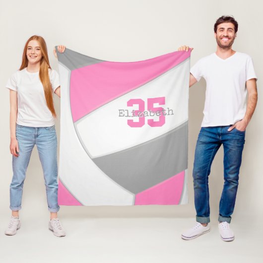 pink gray and white girls volleyball personalized fleece deken (In situ)