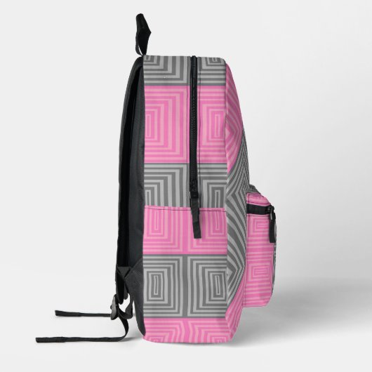 Pink & Gray Backpack With Abstract Squares Stripes Bedrukte Rugzak (Links)