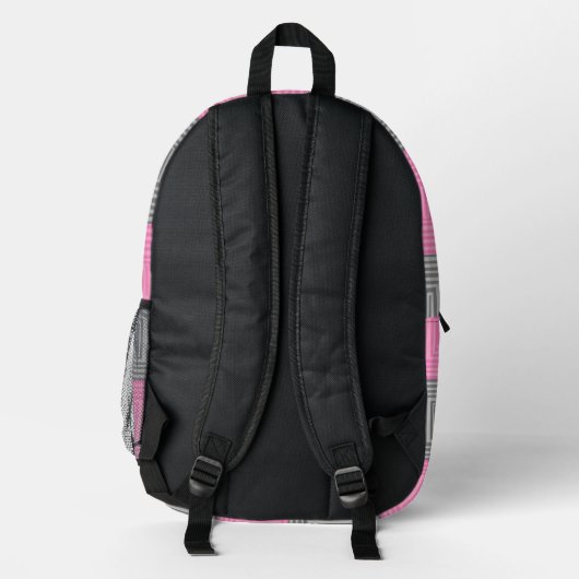 Pink & Gray Backpack With Abstract Squares Stripes Bedrukte Rugzak (Achterkant)