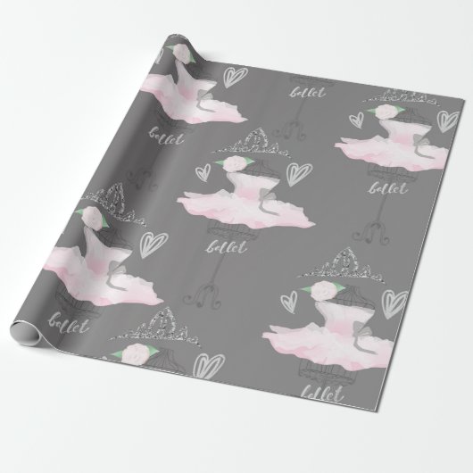 Pink & Gray Couture Ballerina Birthday Party Cadeaupapier (Uitgerold)
