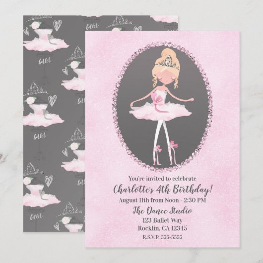 Pink & Gray Couture Ballerina Birthday Party Kaart (Voorkant / Achterkant)