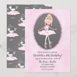 Pink & Gray Couture Ballerina Birthday Party Kaart