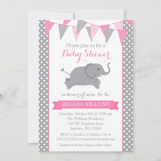 Pink Gray Elephant Polka Dot Bunting Baby Shower Kaart (Voorkant)