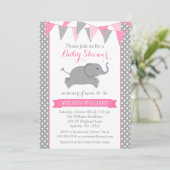 Pink Gray Elephant Polka Dot Bunting Baby Shower Kaart (Staand voorkant)