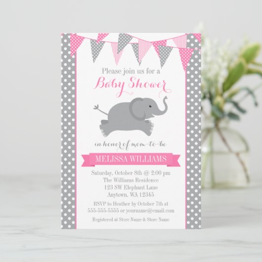 Pink Gray Elephant Polka Dot Bunting Baby Shower Kaart (Staand voorkant)