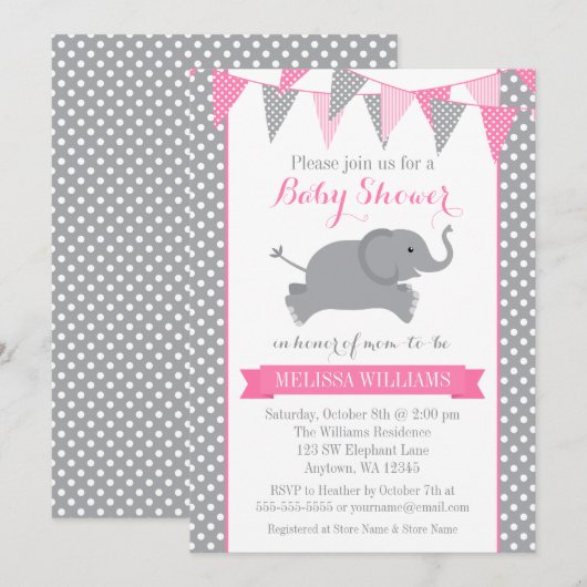 Pink Gray Elephant Polka Dot Bunting Baby Shower Kaart (Voorkant / Achterkant)