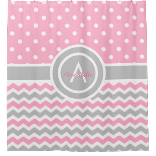 Pink Gray Polka Dot Chevron Douchegordijn (Voorkant)