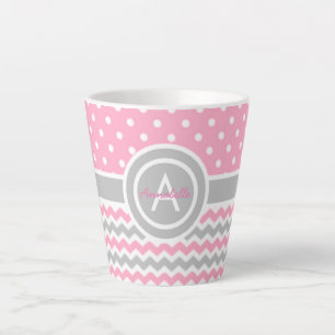 Pink Gray Polka Dot Chevron Latte Mok