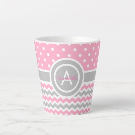 Pink Gray Polka Dot Chevron Latte Mok (Voorkant)