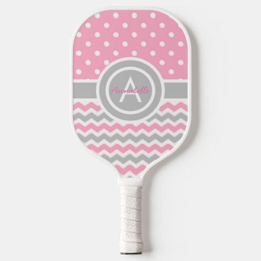 Pink Gray Polka Dot Chevron Pickleball Paddle (Voorkant)