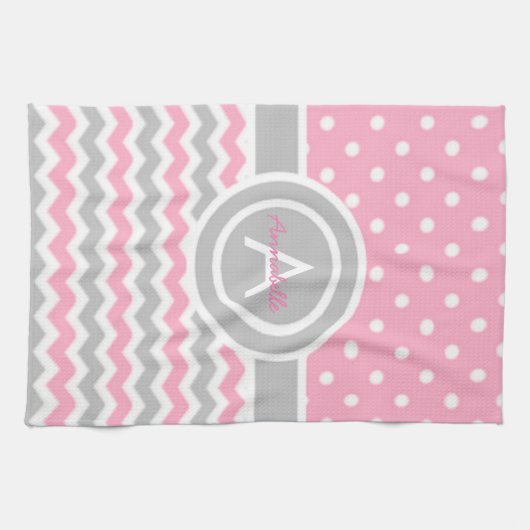 Pink Gray Polka Dot Chevron Theedoek (Horizontaal)