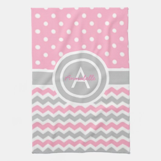 Pink Gray Polka Dot Chevron Theedoek (Verticaal)