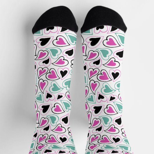Pink Green Black Modern Hearts Valentine Pattern Sokken (Top)