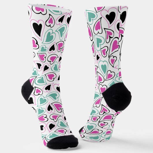 Pink Green Black Modern Hearts Valentine Pattern Sokken (Gebogen)
