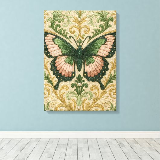 Pink & Green Butterfly Stretched Canvas Print (Insitu (Houten vloer))
