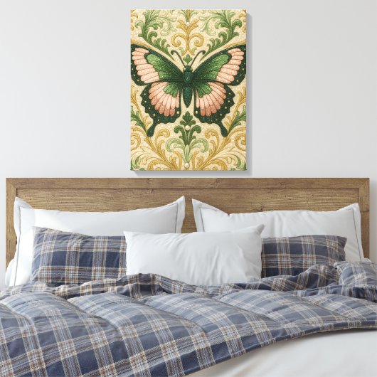 Pink & Green Butterfly Stretched Canvas Print (Insitu (Slaapkamer))
