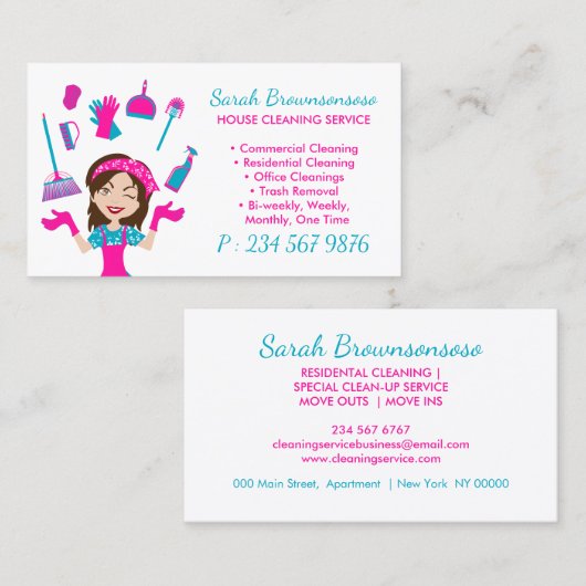 Pink Green Cartoon House Cleaning Service Visitekaartje (Voorkant / Achterkant)