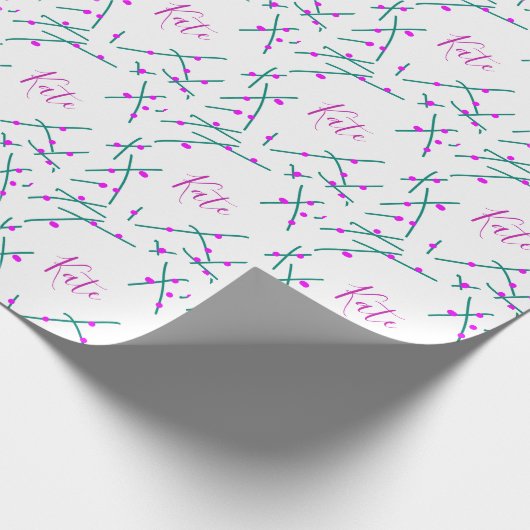 Pink green cherry tree name boho retro rustic bold cadeaupapier (Hoek)