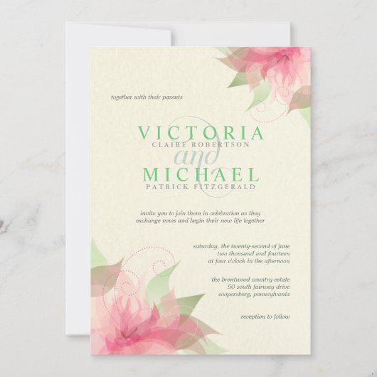 Pink Green Ecru Floral Wedding Invitation Kaart (Voorkant)