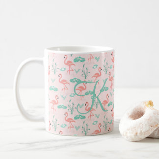 Pink Green Flamingo Monogram Tropical Birds Koffiemok
