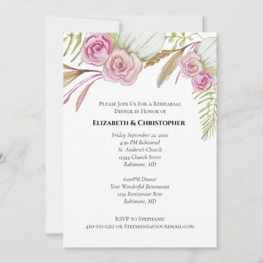 Pink Green Floral Botanical Wedding Rehearsal Inv Kaart (Voorkant)