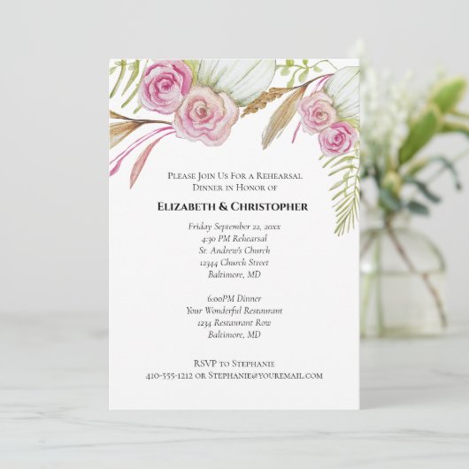 Pink Green Floral Botanical Wedding Rehearsal Inv Kaart (Staand voorkant)