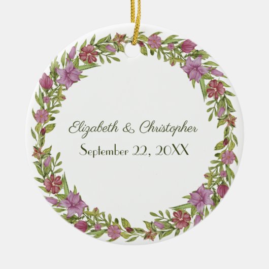 Pink Green Floral Wedding Date personaliseren Keramisch Ornament (Voorkant)
