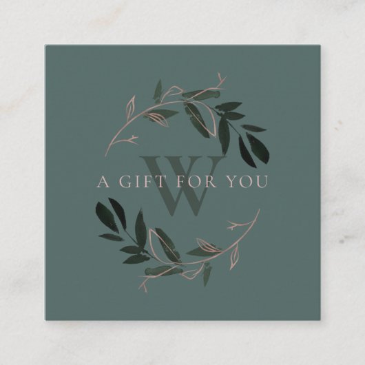 PINK GREEN FOLIAGE INITIAAL WREATH GIFT CERTIFICAA VIERKANTE VISITEKAARTJE (Voorkant)