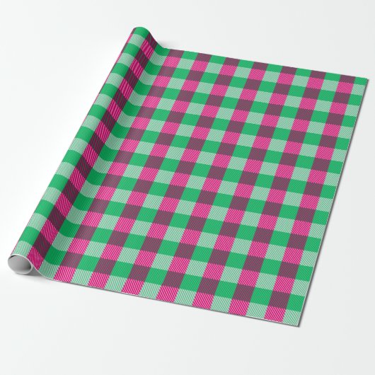 Pink Green Gingham Check Design Cadeaupapier (Uitgerold)