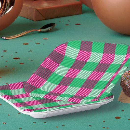 Pink Green Gingham Check Design Papieren Bordje