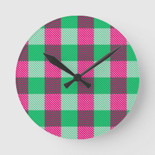 Pink Green Gingham Check Design Ronde Klok