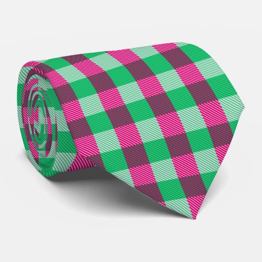Pink Green Gingham Check Design Stropdas (Opgerold)