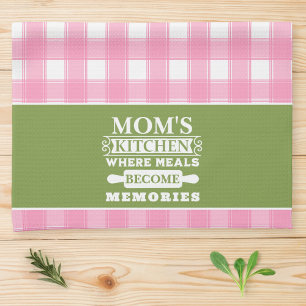 Pink Green Gingham Mama's Meals Worden Herinnering Theedoek