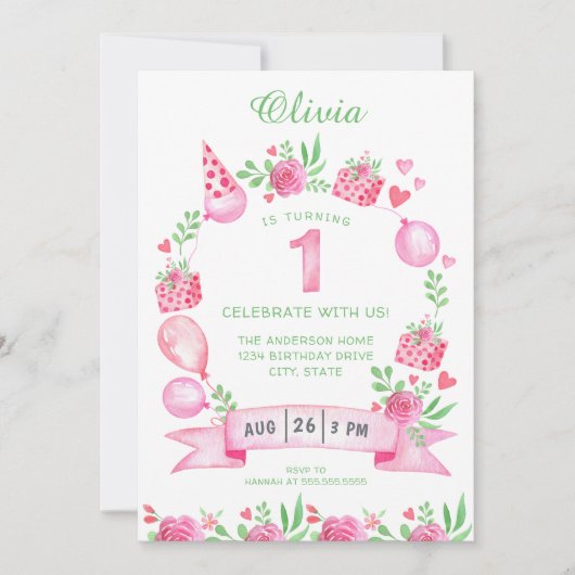 Pink Green Girly Eerste Verjaardag Uitnodiging (Voorkant)