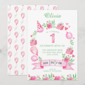 Pink Green Girly Eerste Verjaardag Uitnodiging (Voorkant / Achterkant)