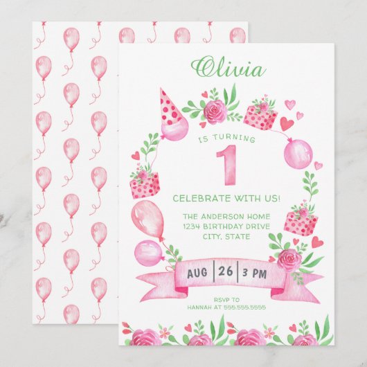 Pink Green Girly Eerste Verjaardag Uitnodiging (Voorkant / Achterkant)