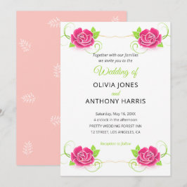 Pink Green Gold Floral Rose Wedding Kaart