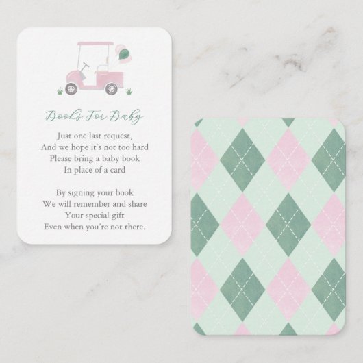 Pink Green Golfkar Baby shower Neem een boek mee Informatiekaartje (Voorkant / Achterkant)