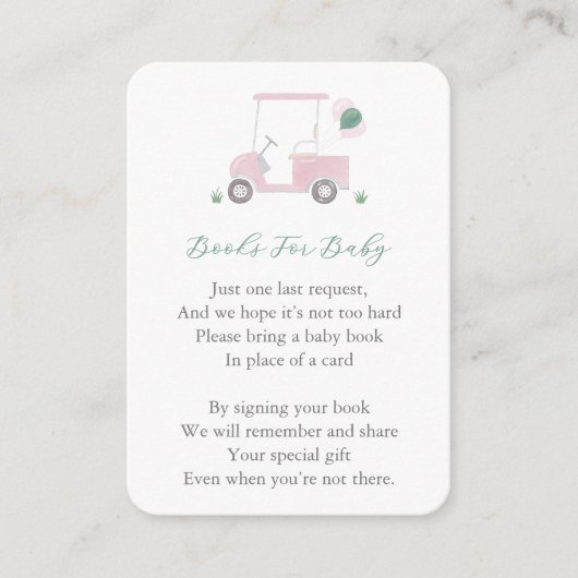 Pink Green Golfkar Baby shower Neem een boek mee Informatiekaartje (Voorkant)