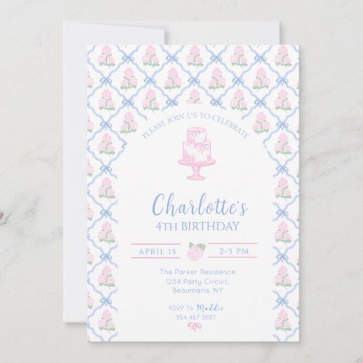 Pink Green Hydrangea Blue Bow Trellis Kaart (Voorkant)