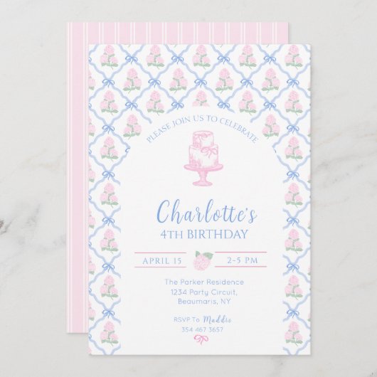 Pink Green Hydrangea Blue Bow Trellis Kaart (Voorkant / Achterkant)