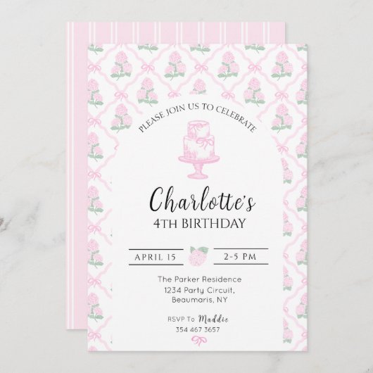 Pink & Green Hydrangea Trellis with Bows Kaart (Voorkant / Achterkant)