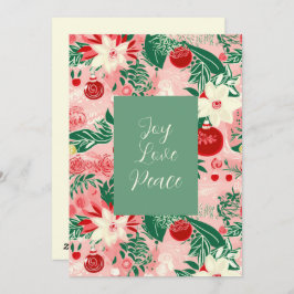 Pink Green Joy Love Peace Floral Christmas Kaart